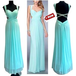 La Femme Light Mint Cross-Front jewelled Rhinestone-Strap Gown Sz 4 NWT